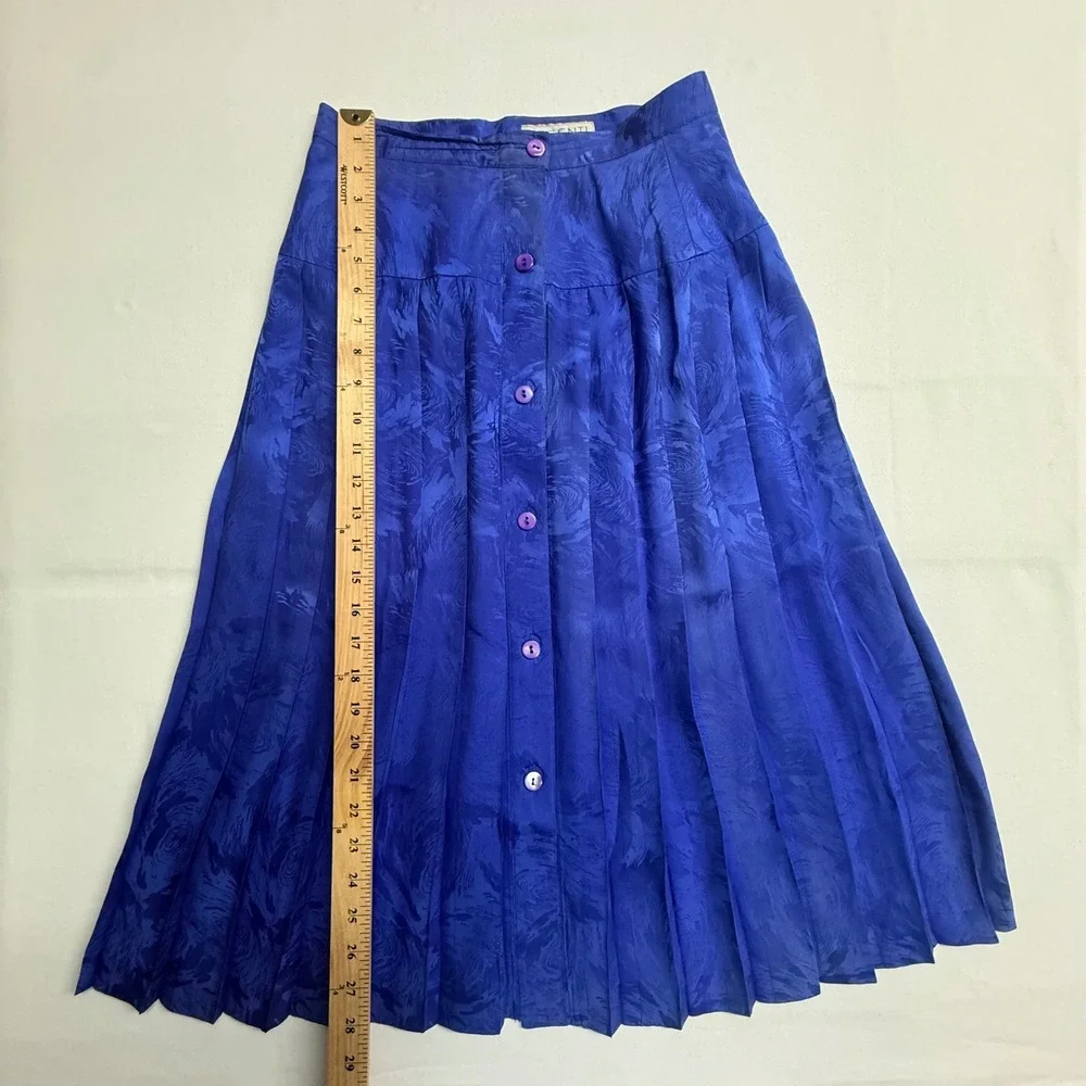 Vintage Argenti Silk Skirt 8 Cobalt Blue Jacquard Pleated Button Front Midi